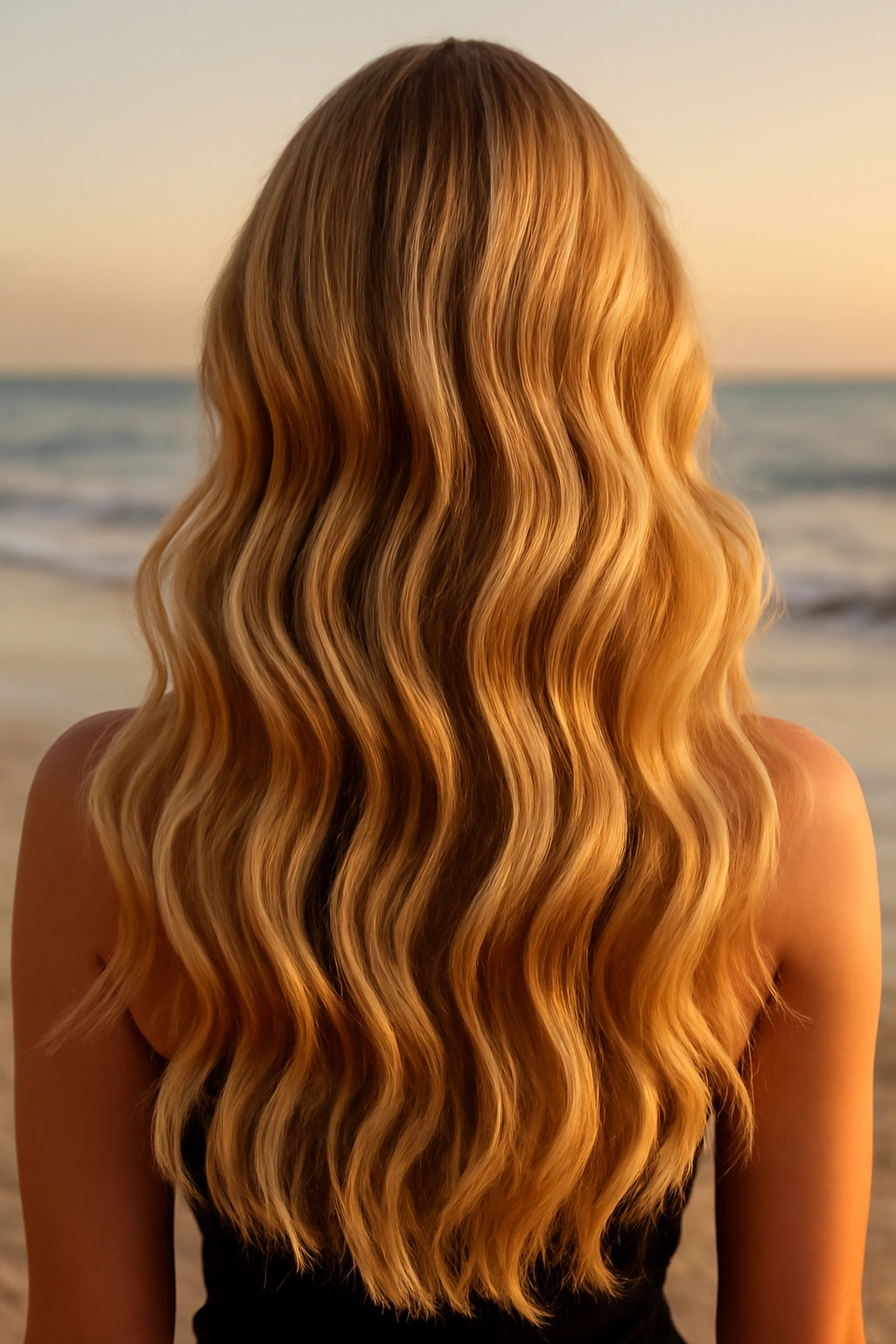 Long golden blonde hair styled in loose beach waves during golden hour