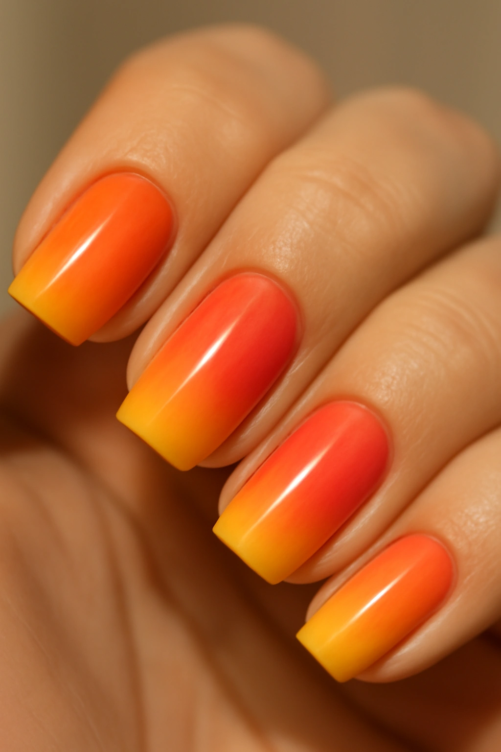 Nails with a gradient sunset from orange to pink to yellow.