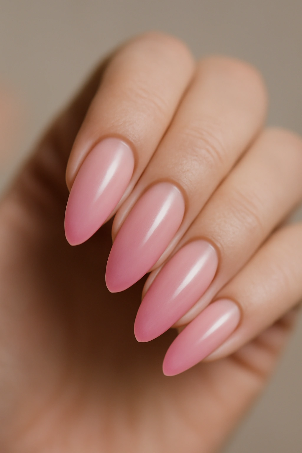Close-up of almond nails with pale pink to rose gradient