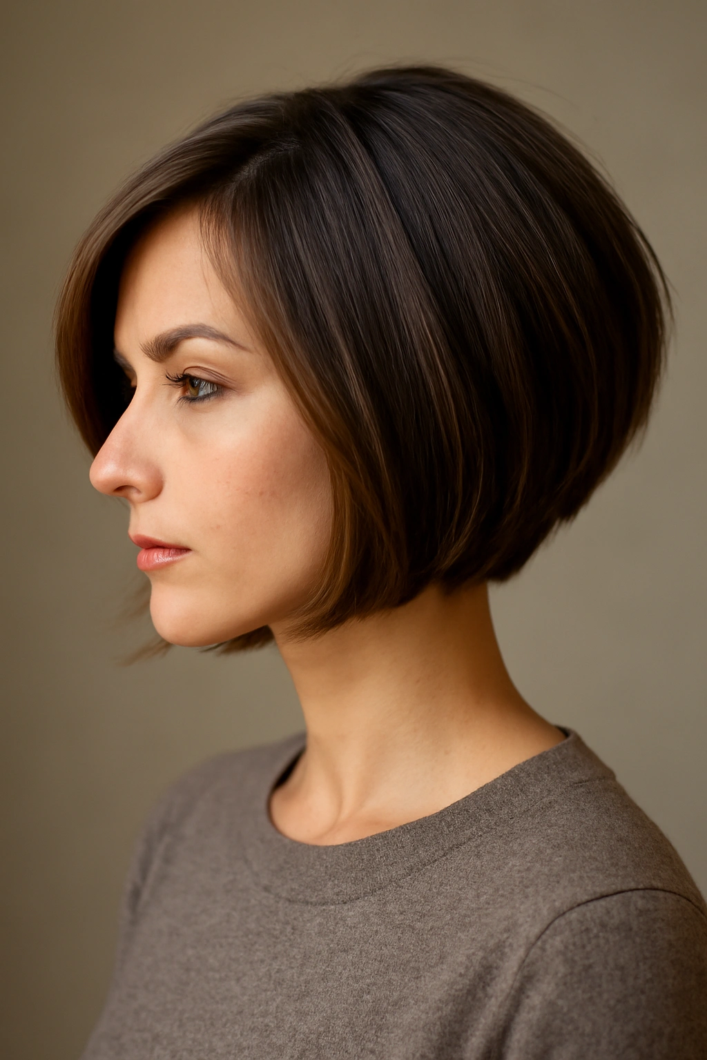 Portrait of a graduated A-line bob with stacked back layers and forward length gradient.