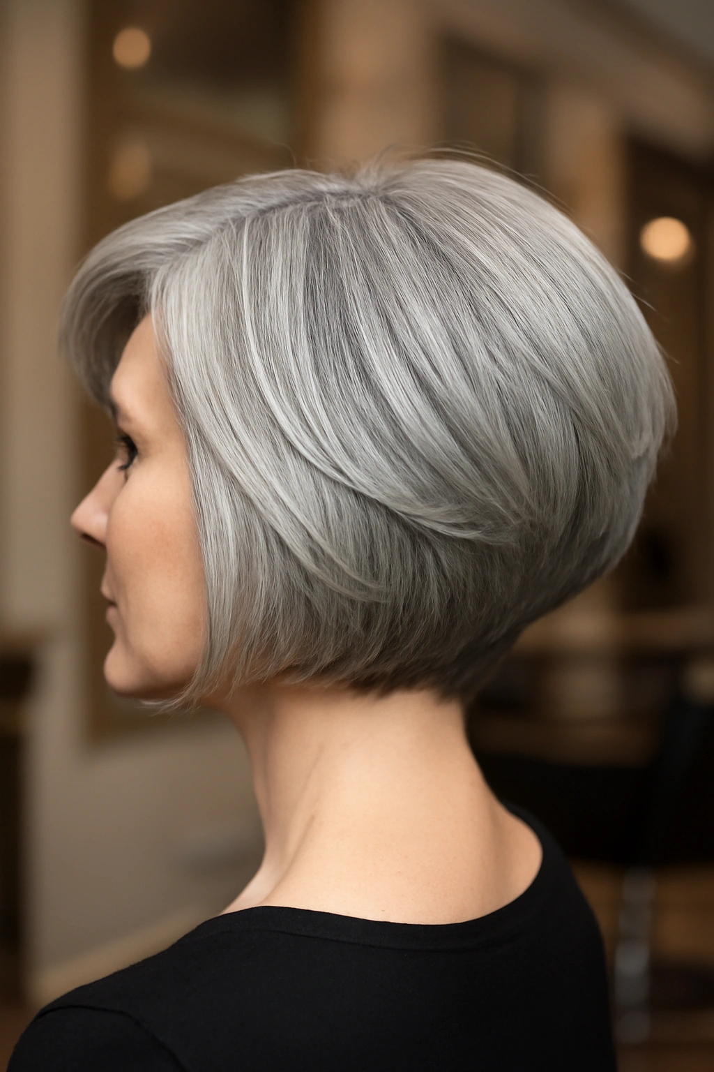 Graduated silver bob haircut showing volume at the back and angled front
