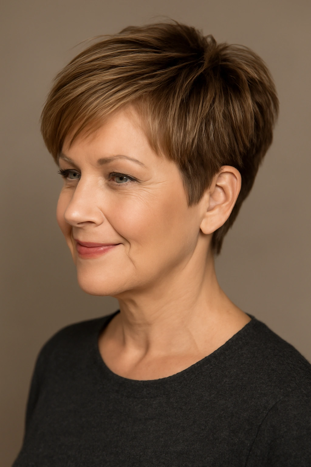Close-up of The Graduated Pixie hairstyle highlighting a short nape and longer crown for a round face