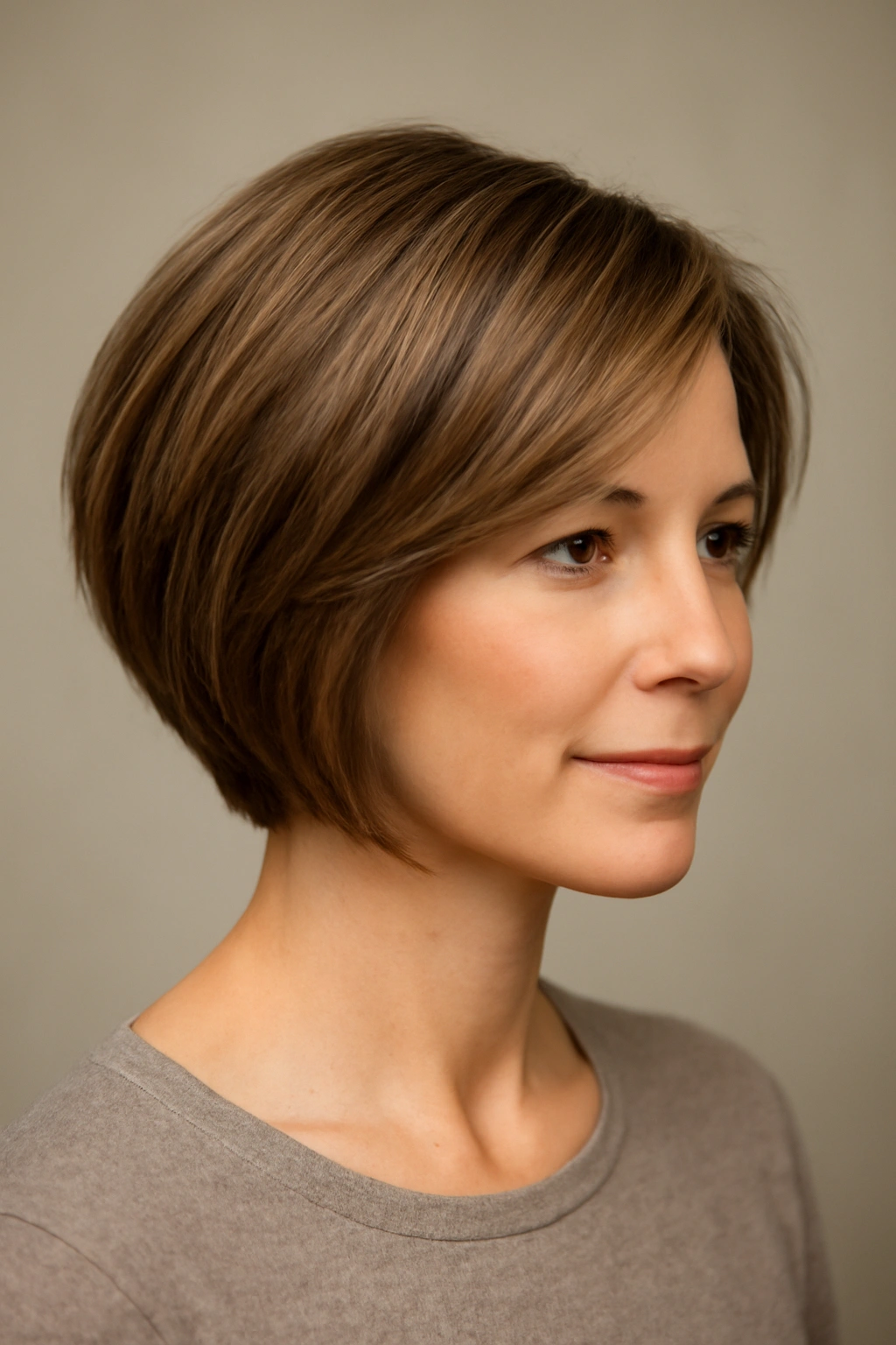 Head-and-shoulders portrait showing a subtle angled graduation cut with soft layers