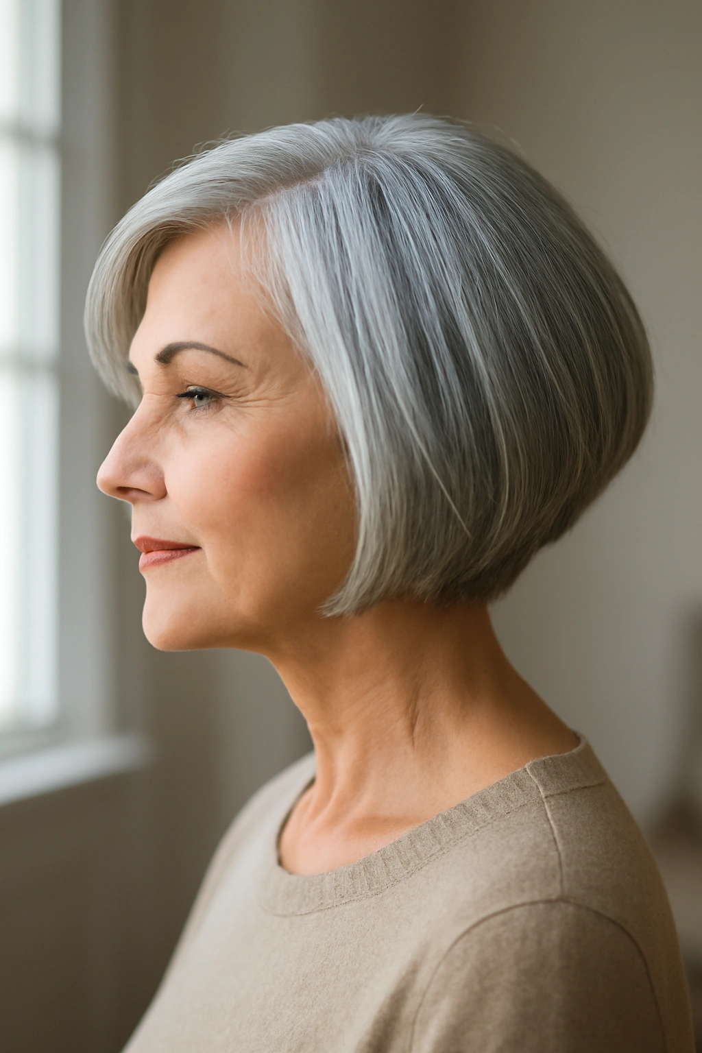 Side profile of a silver graduated bob hairstyle on a woman over 50.