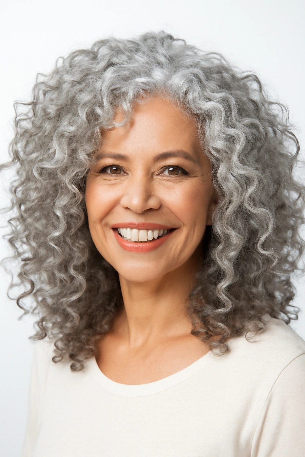 Full and bouncy voluminous silver curls on a woman over 50.