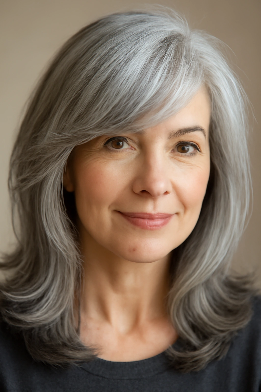 Woman over 50 with vibrant gray hair and soft sweeping side bangs
