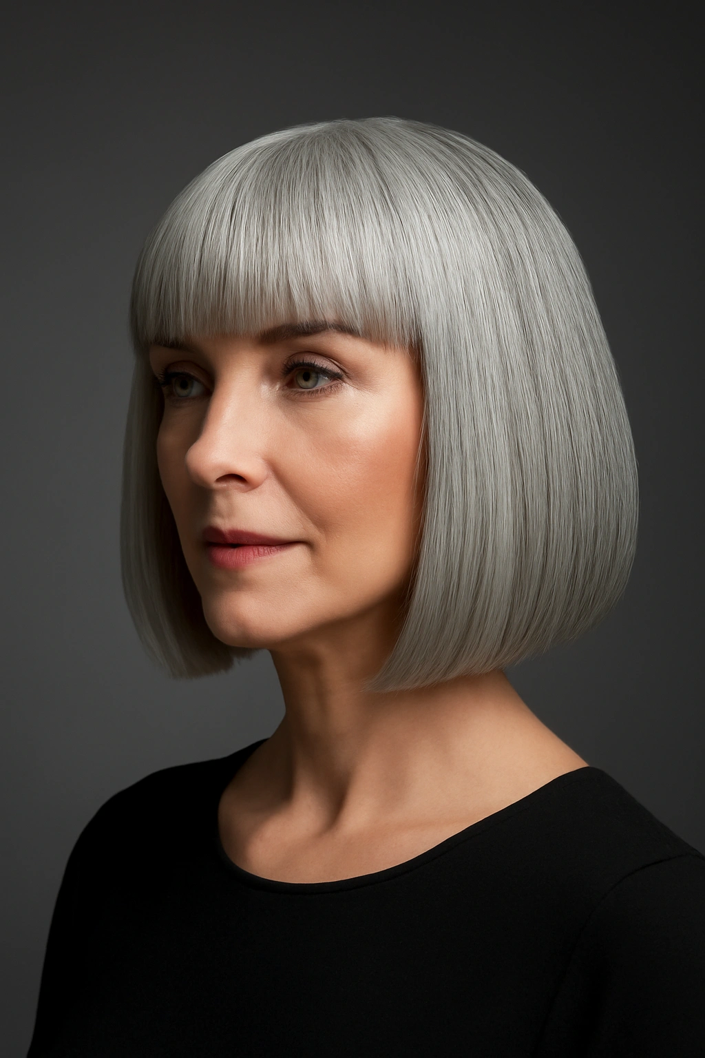 A woman over 50 with a sharp silver blunt cut and straight-across bangs.