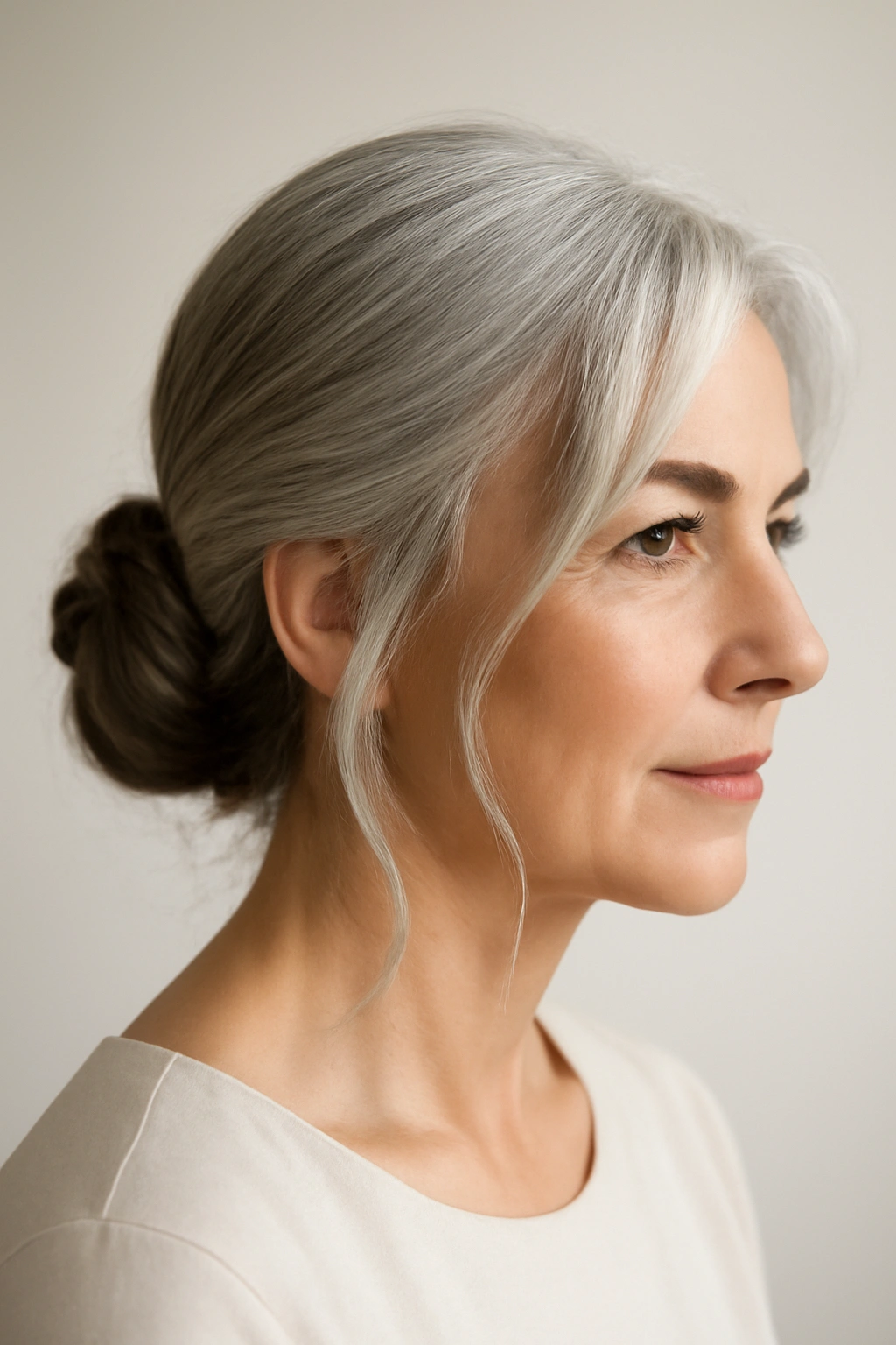 Sophisticated gray low bun with soft face-framing strands for older women.