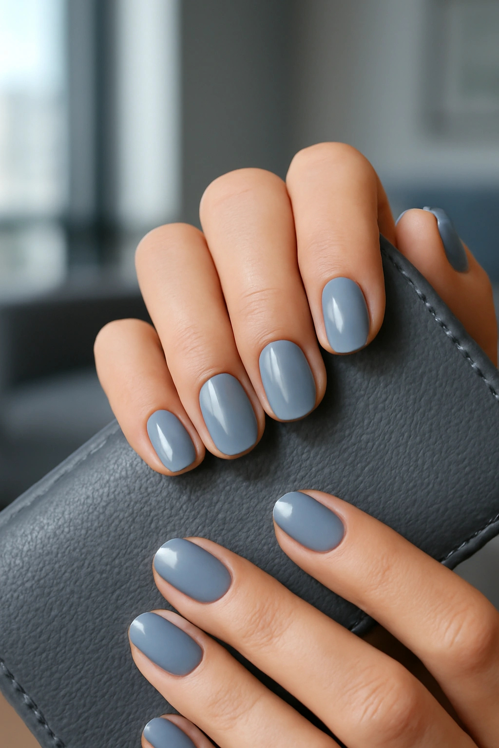 Urban chic gray shades on short nails featuring a sophisticated dove gray polish.