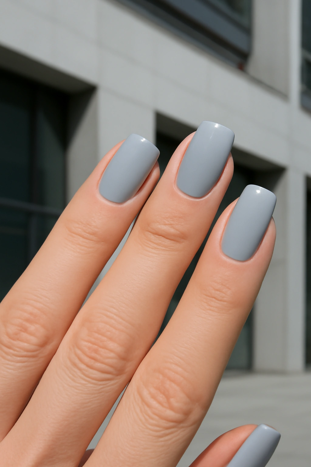 Chic light gray nail polish on square-oval shaped nails in a modern setting.