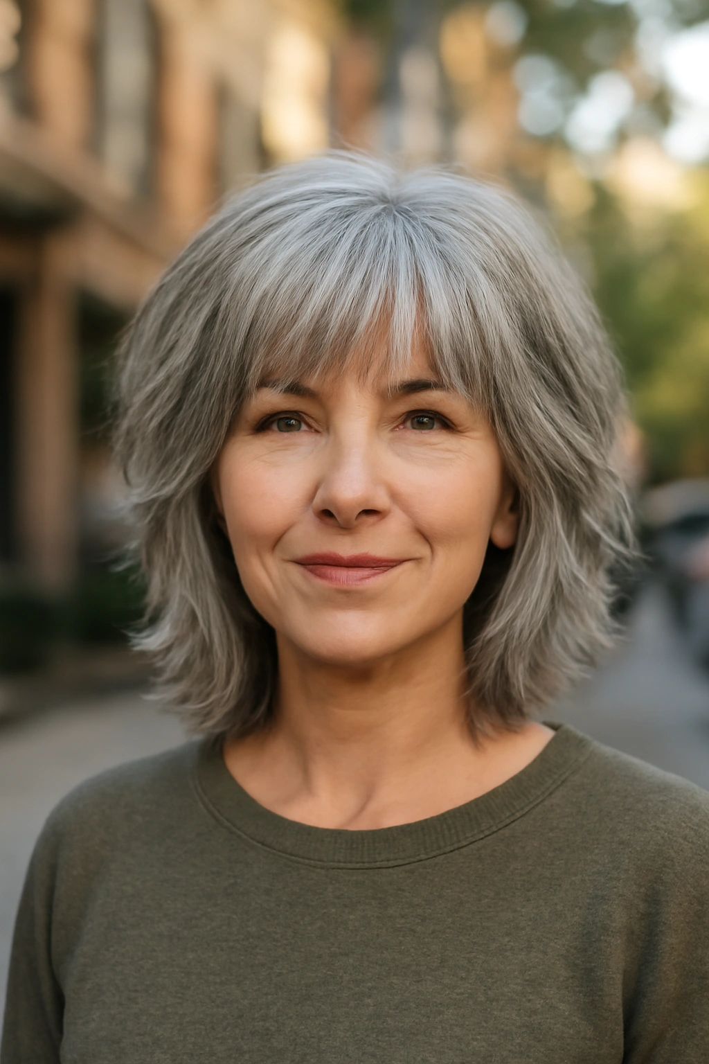 Silver shag haircut with choppy layers and bangs for a youthful look