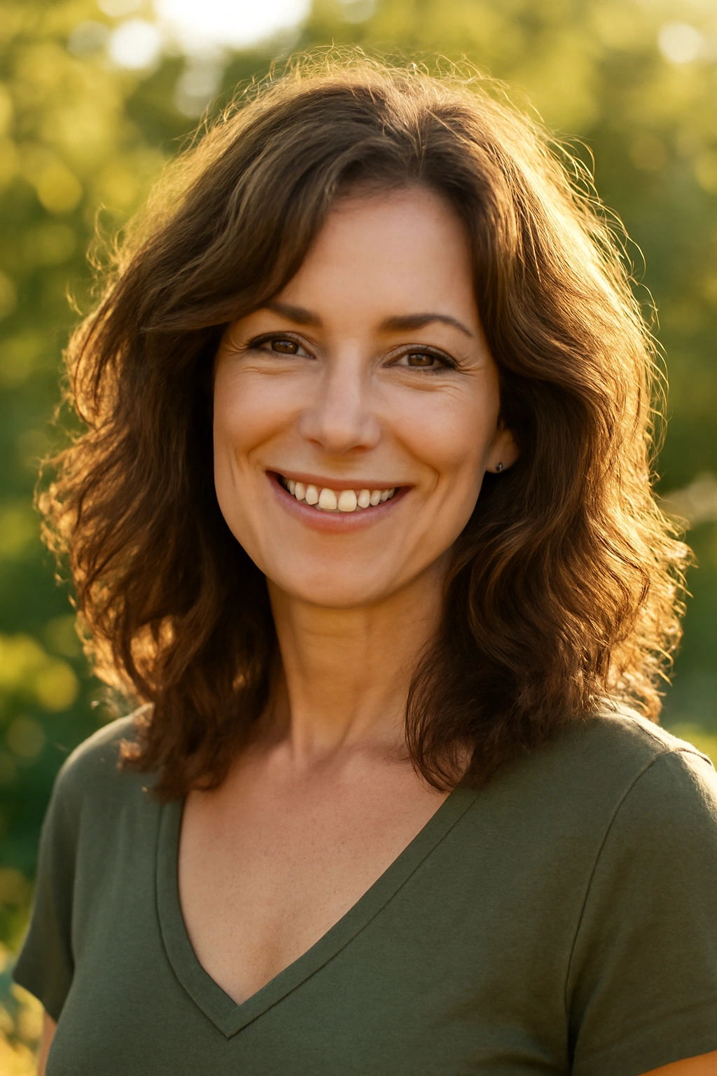 Smiling woman over 40 with healthy vibrant hair and face framing layers