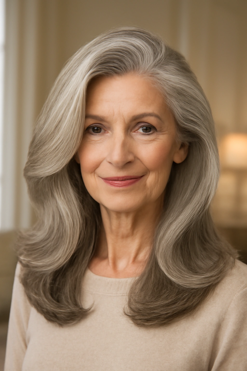 Voluminous long hair with a deep side part on an older woman for a sophisticated appearance.