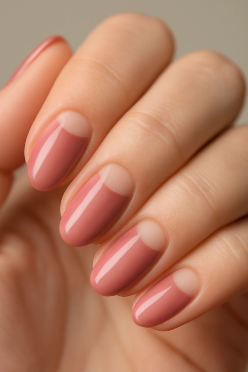 A retro half-moon manicure with dusty rose polish and a clear natural base at the cuticle.
