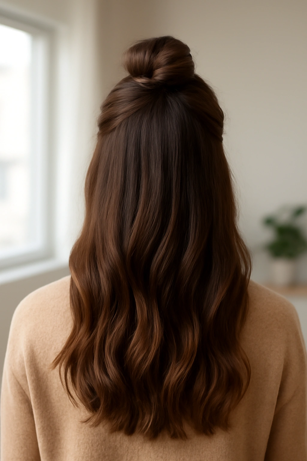 Woman with a half-up half-down bun hairstyle and long wavy hair cascading down her back