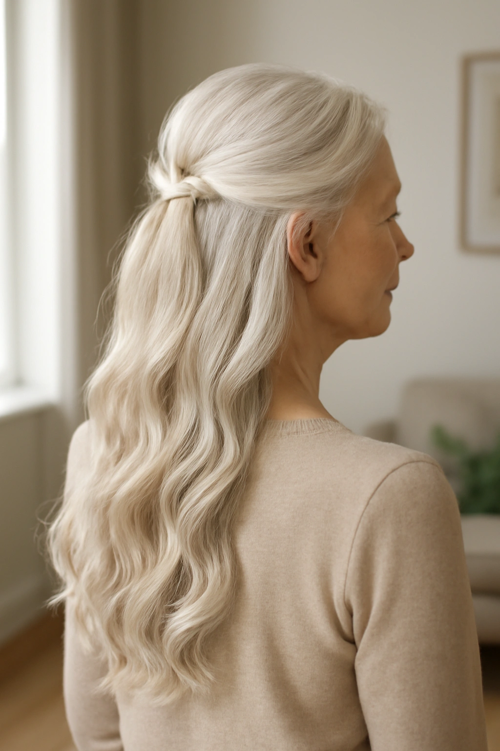 Half-up half-down hairstyle with soft waves on a woman over 70 with long white hair.