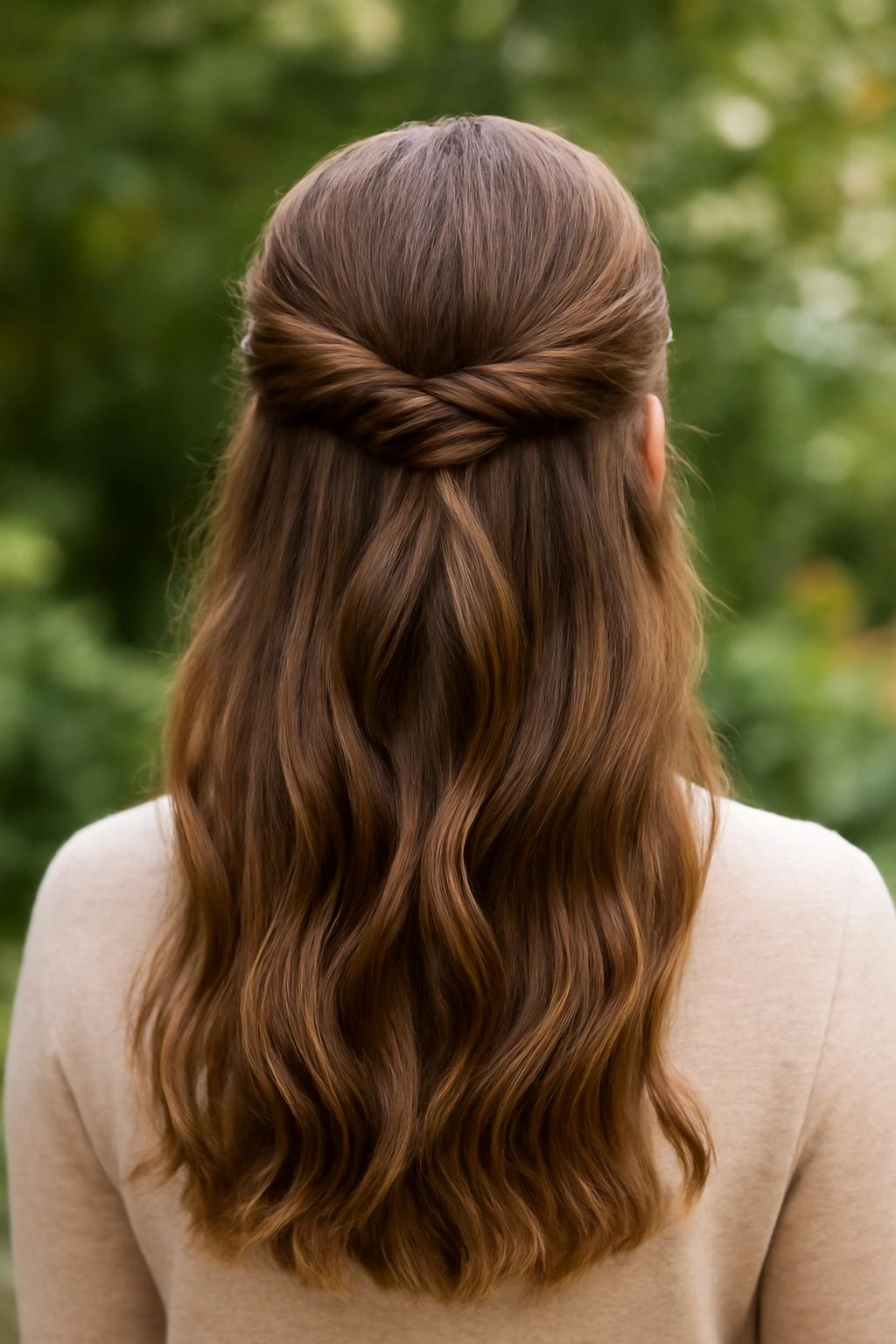 Half-up half-down hairstyle with a twisted section secured at the back of the head