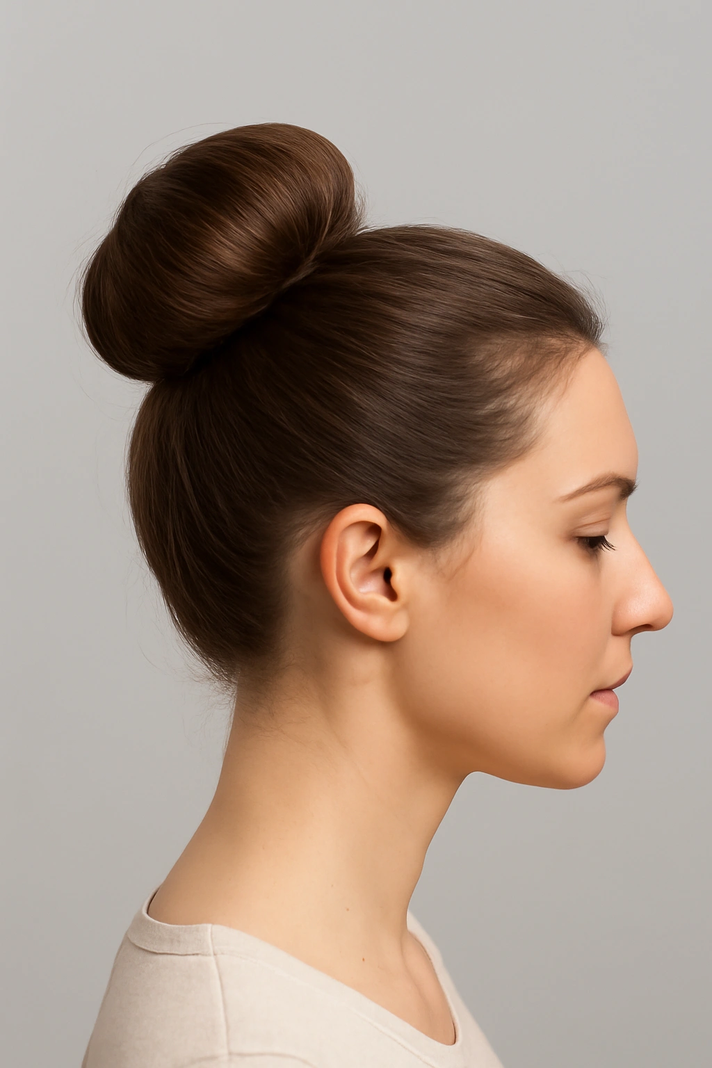 Neat and structured high bun top-knot hairstyle for women