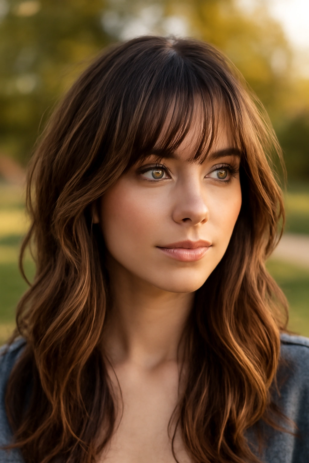 Close up of dark wispy bangs featuring subtle honey-blonde highlights.