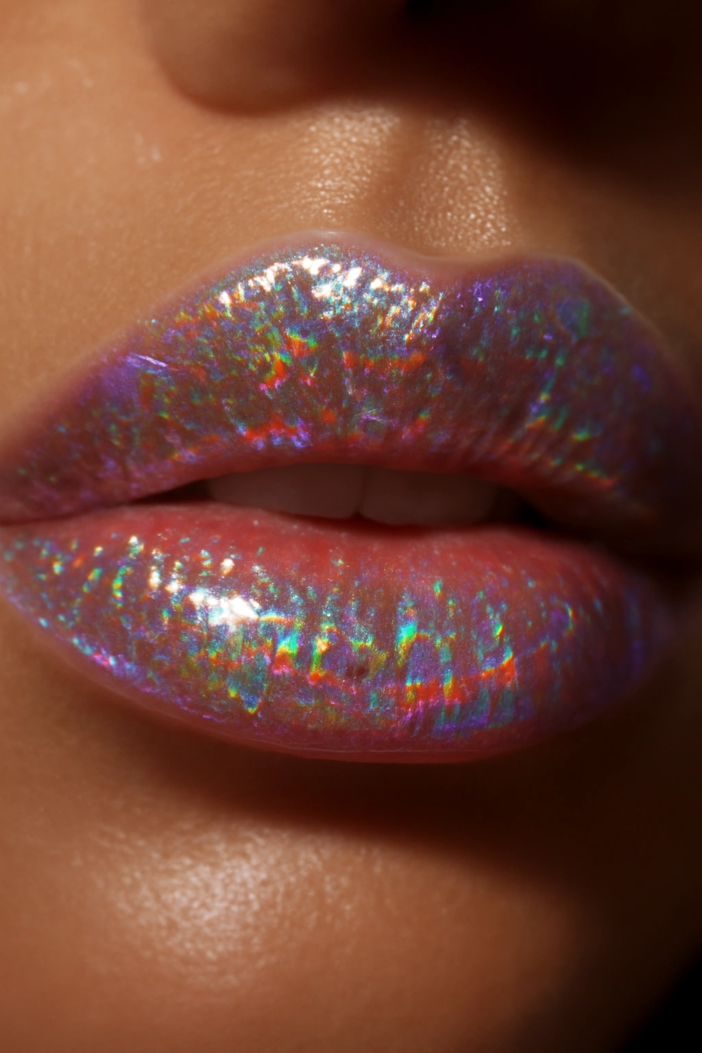 Close-up of holographic gloss on lips with rainbow reflections