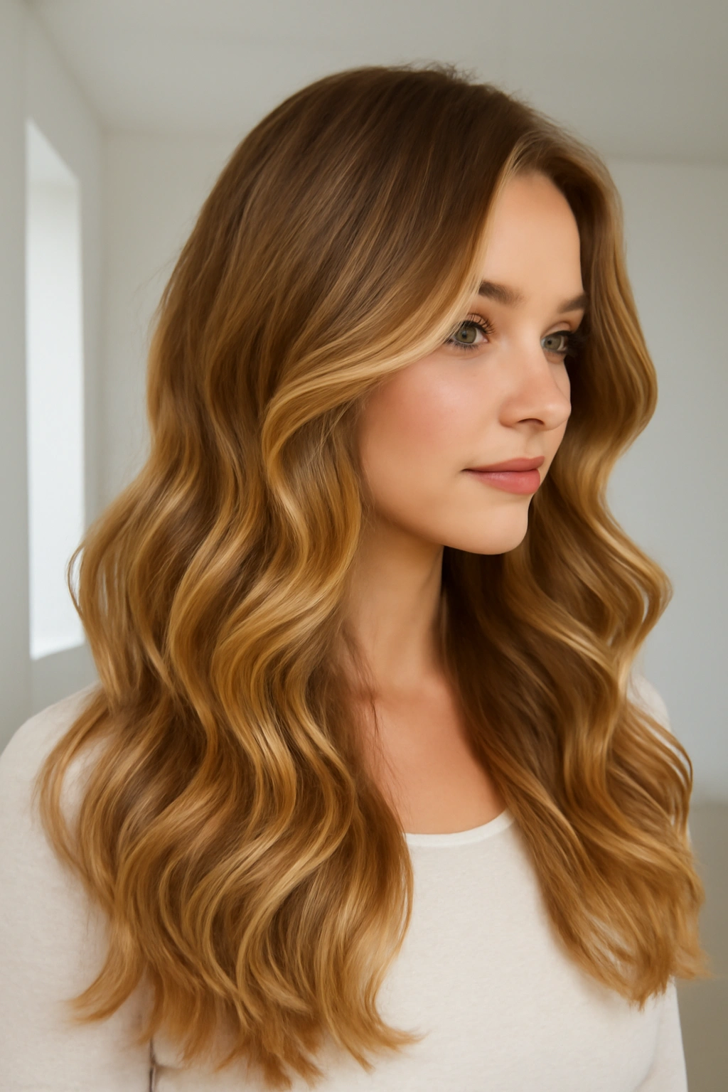 Luminous honey blonde balayage highlights on light brown hair styled in voluminous curls for a healthy glow.