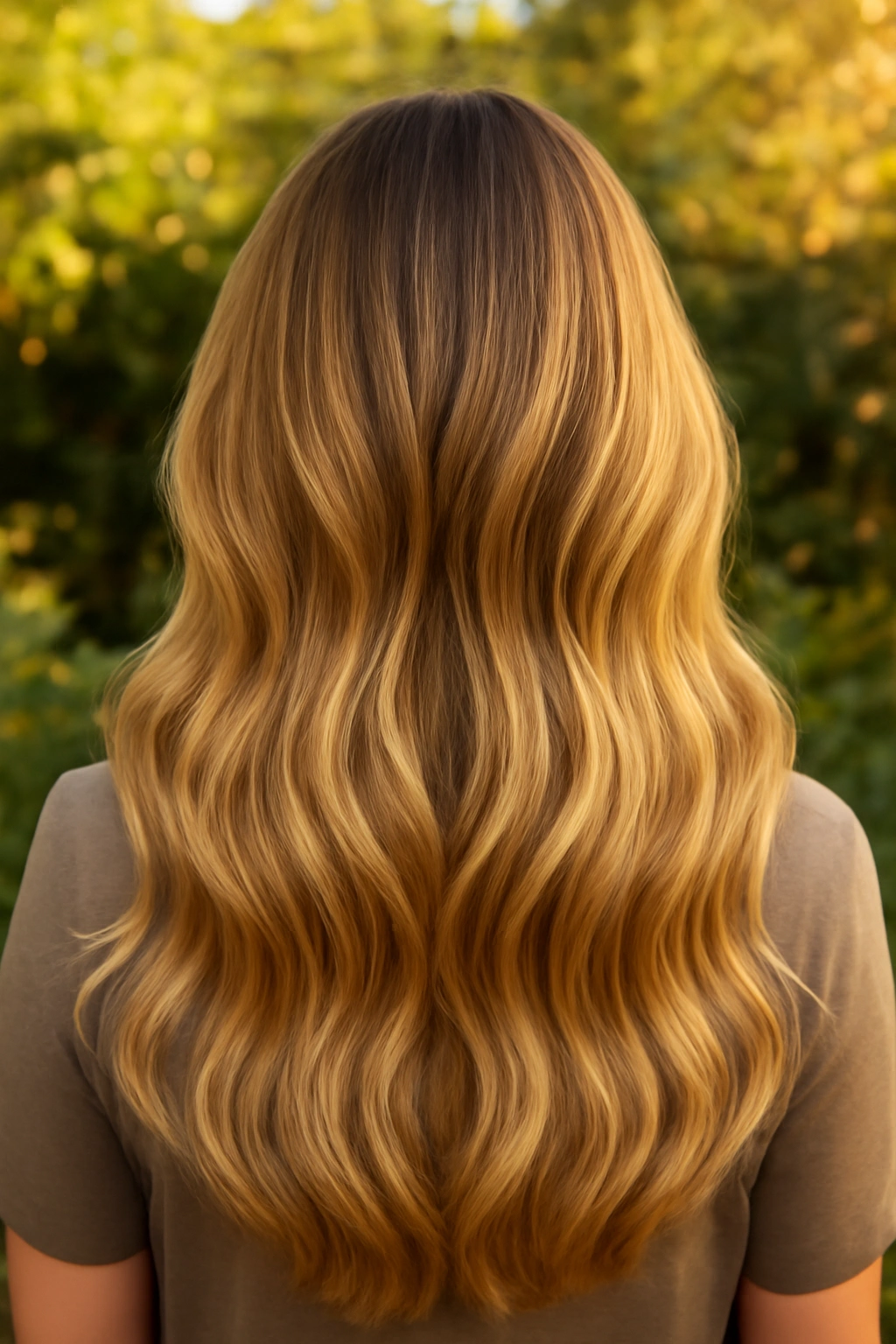 Close up back view of long hair with honey blonde balayage highlights in natural sunlight