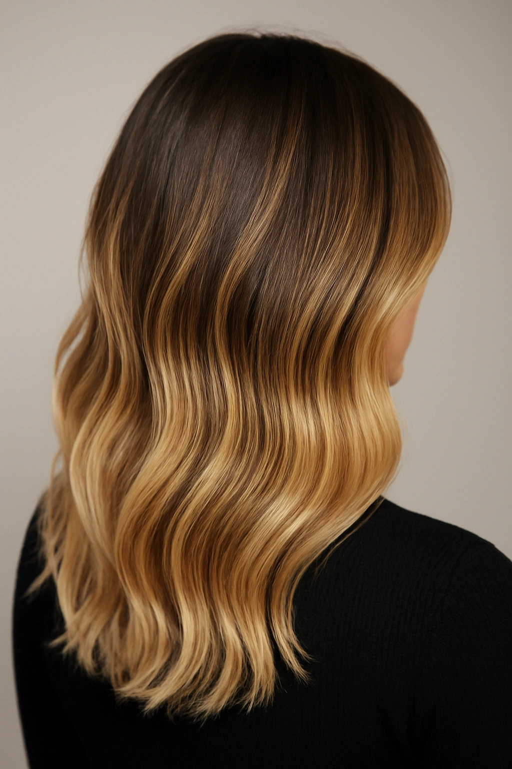 Honey blonde balayage highlighting technique transitioning from dark roots to golden tips.