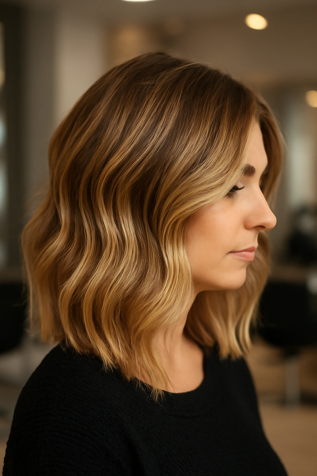 Medium length hair with honey blonde balayage highlights and soft waves