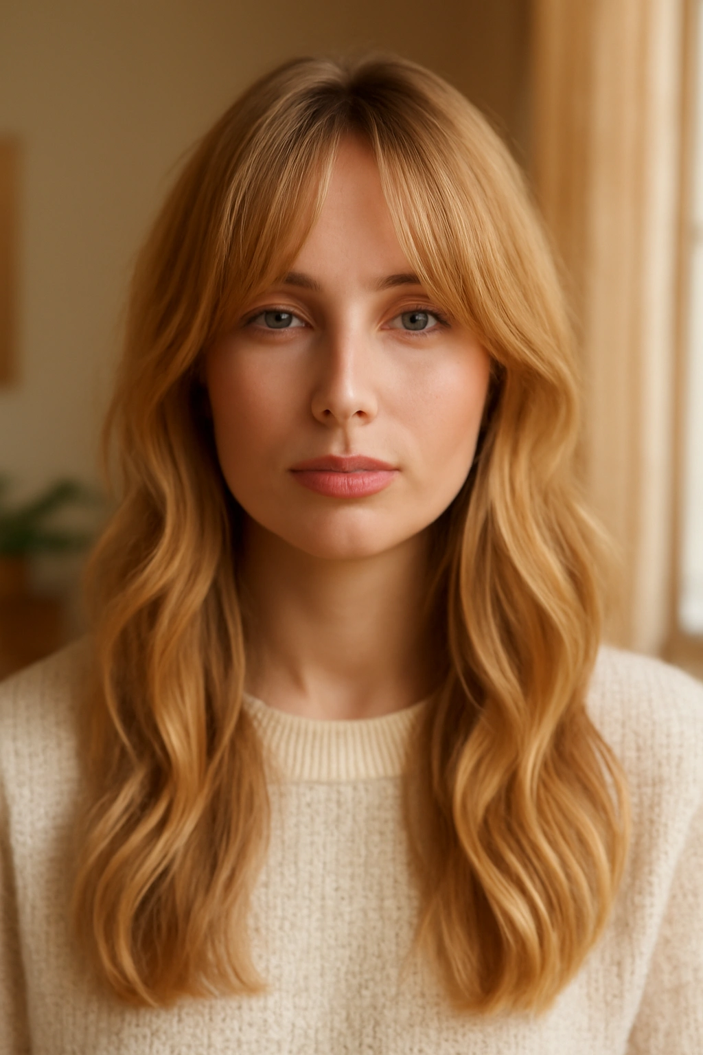 Honey blonde hair featuring trendy, soft curtain bangs that frame the face.