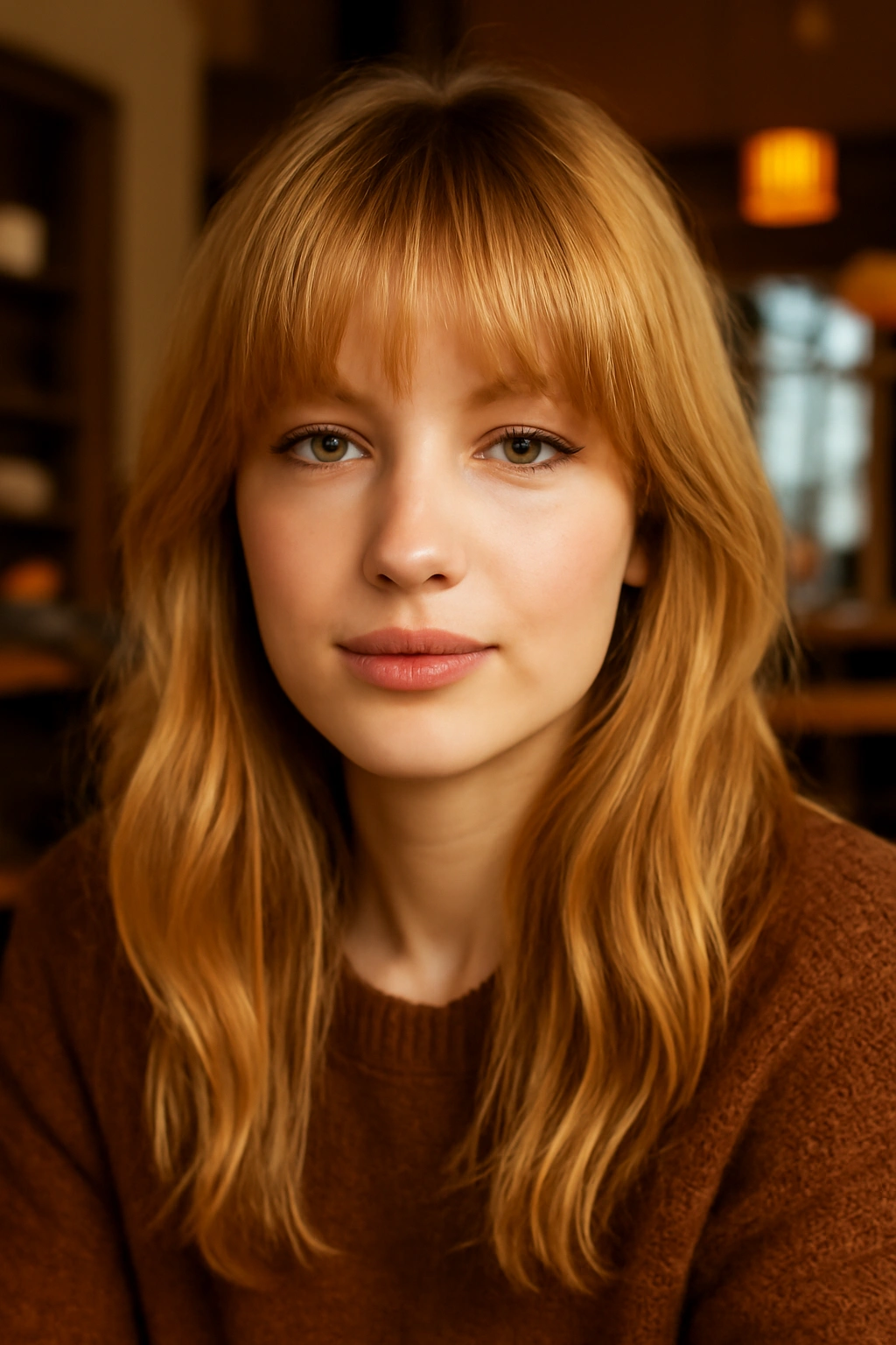 Woman with honey blonde hair featuring a stylish fringe and face-framing bangs.