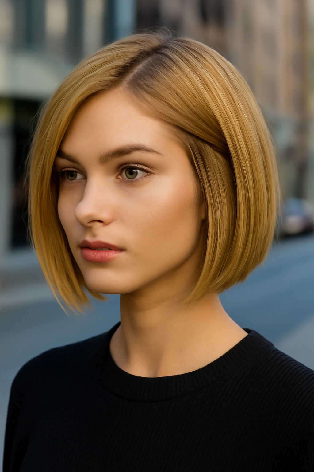 A woman featuring a polished chin-length honey blonde bob hairstyle.
