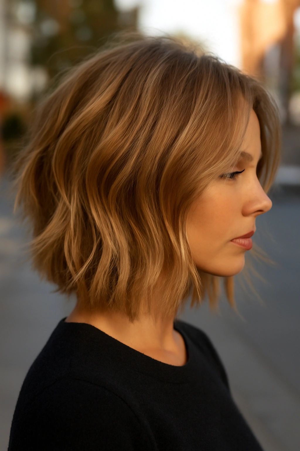Shoulder-length honey blonde long bob with subtle, delicate highlights.