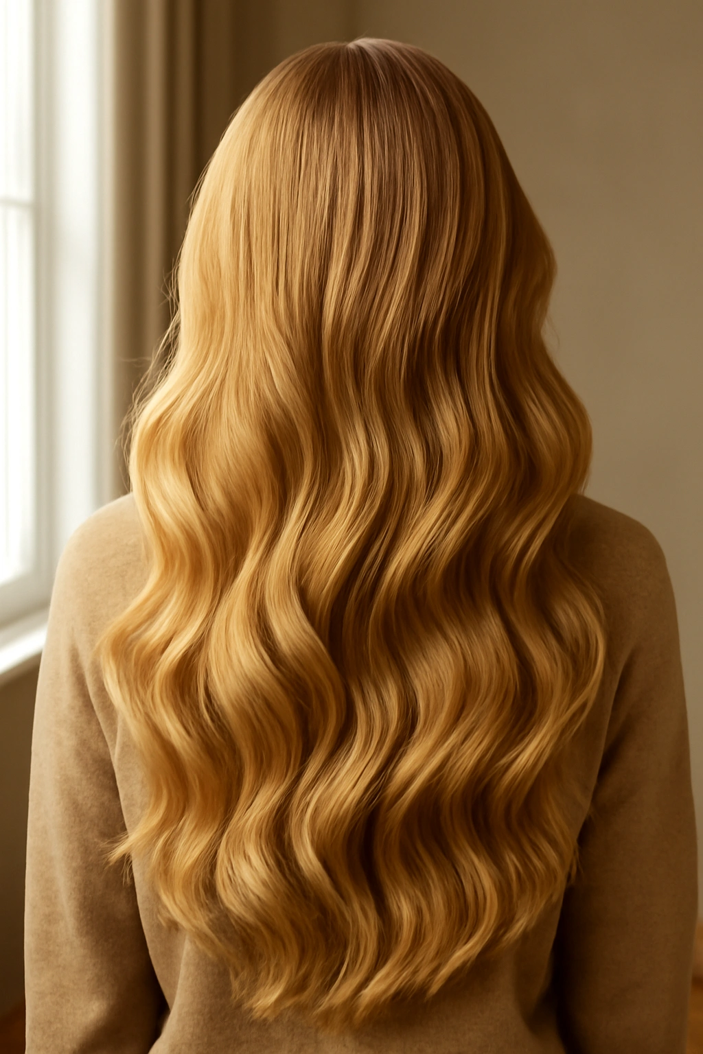Rear view of a woman with long thick honey blonde hair cascading down her back.