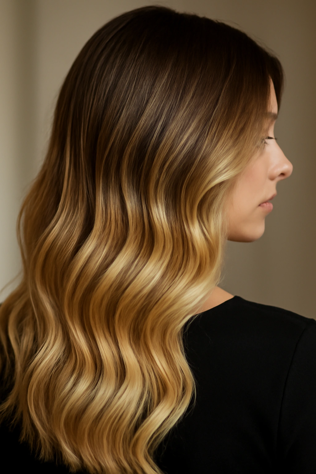 Long hair with a gradient transition from dark roots to honey blonde ombre ends.