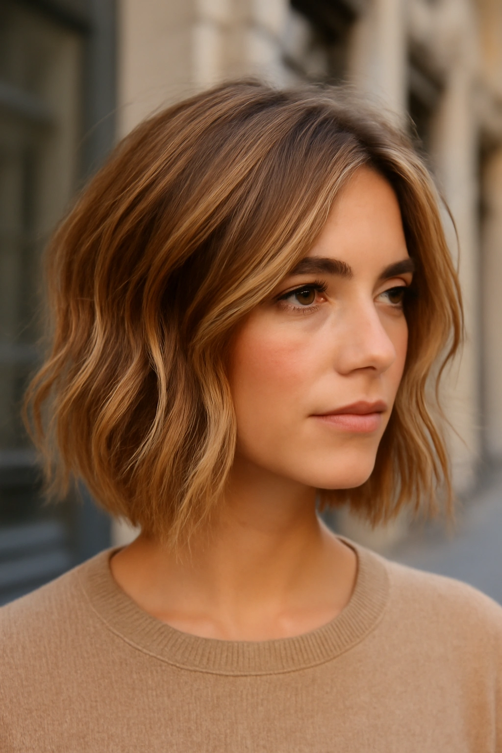 Dimensional honey bronde hair color blending brown and blonde tones