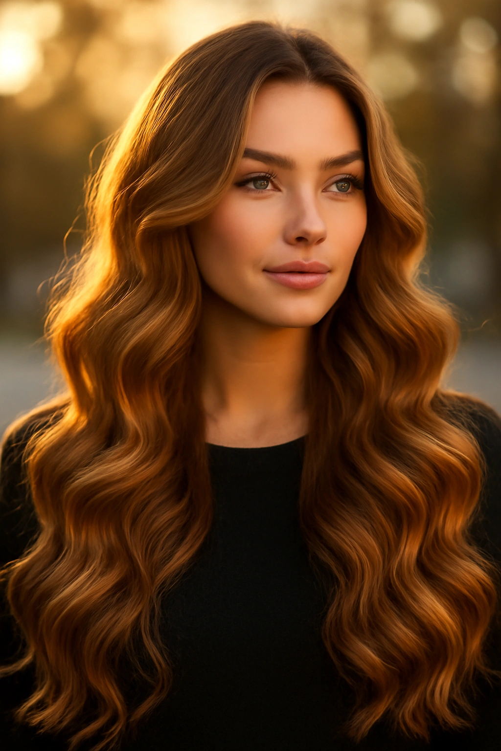 Long wavy hair featuring a rich honey caramel blonde color blend
