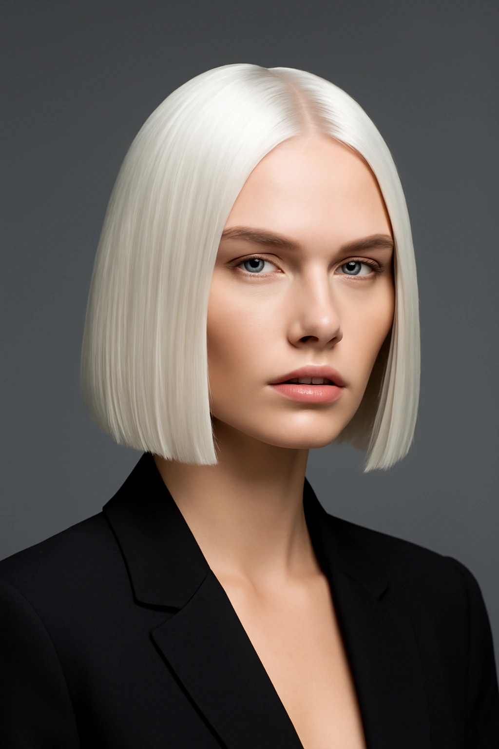A bold icy blonde statement cut featuring a sharp blunt bob in a pale, cool-toned white-blonde shade.