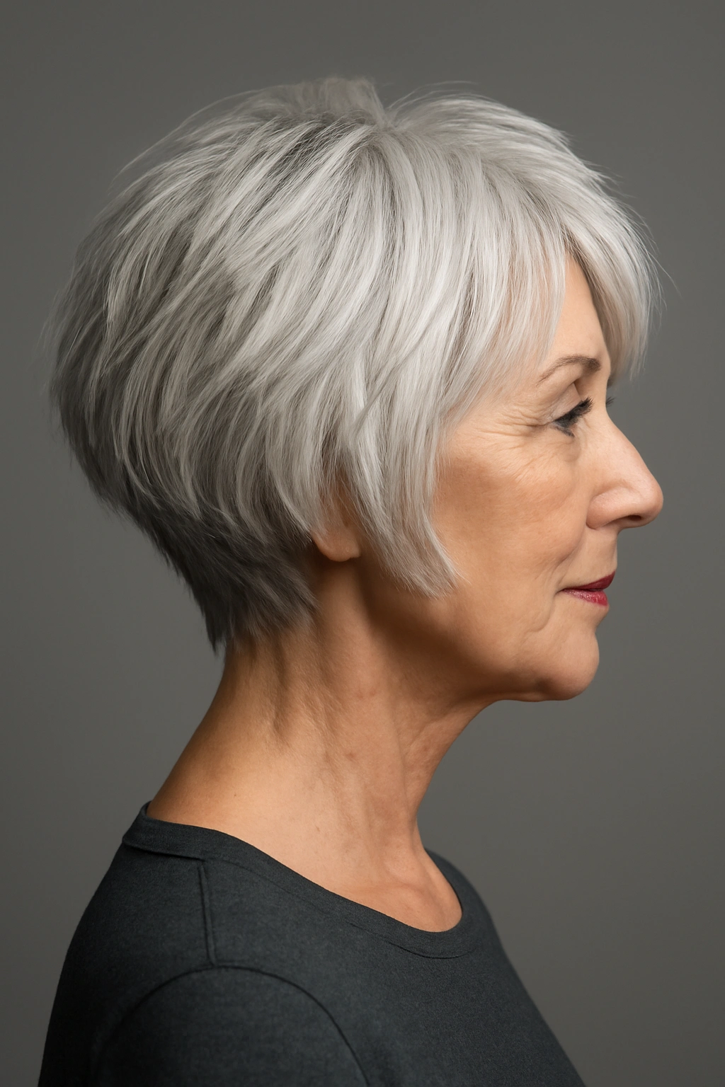Profile of a choppy inverted bob haircut on a woman over 70