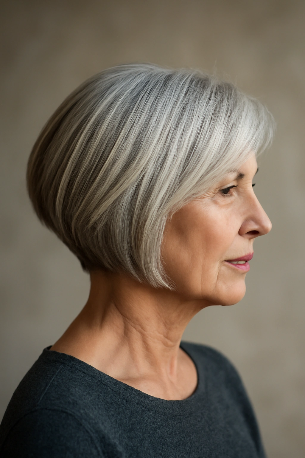Three-quarter view of inverted bob with short back and long front