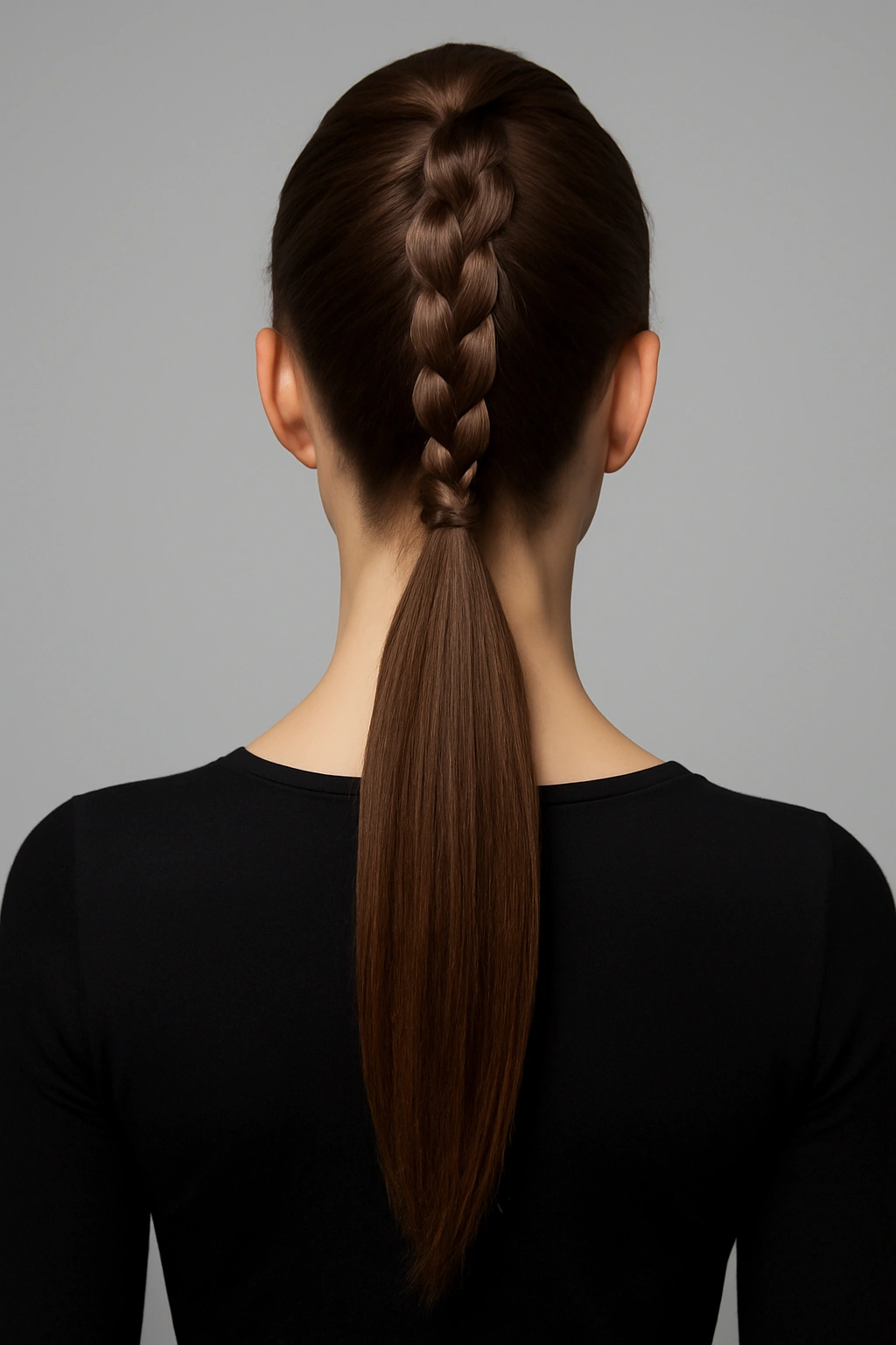 An inverted Dutch braid on the back of the head leading into a high ponytail.