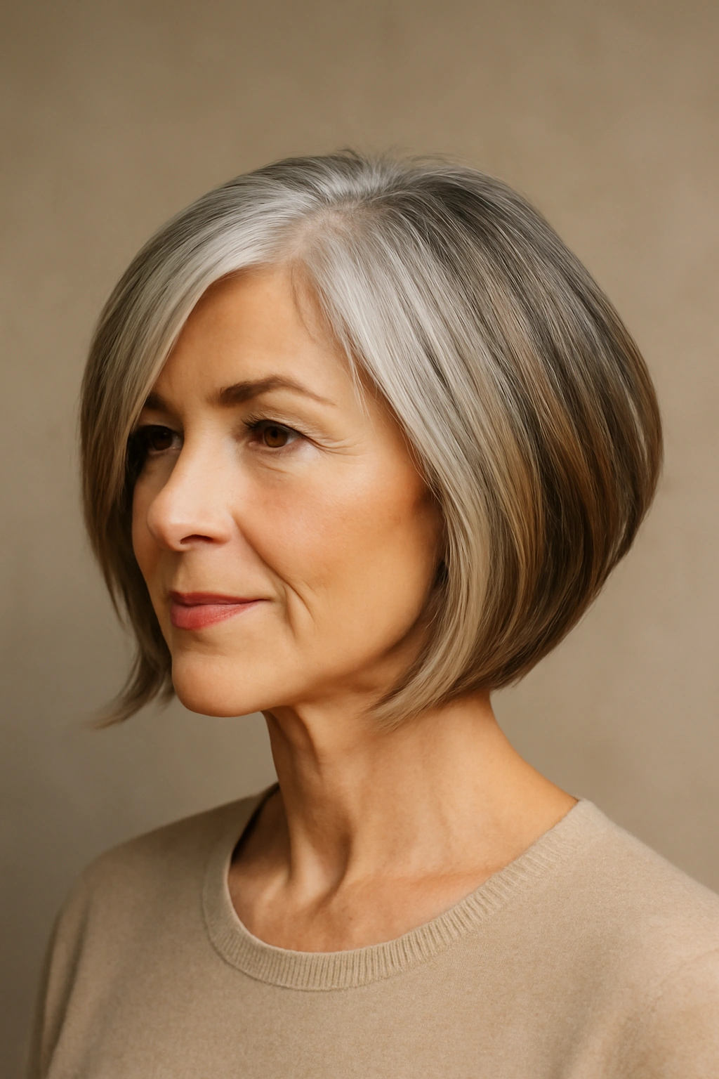Portrait of a woman with an inverted lob showing the angled back and longer front.