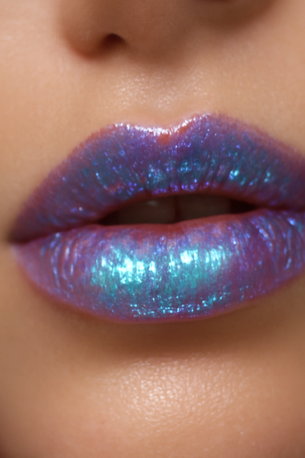 Close-up of iridescent dream gloss on lips with color-shifting shine