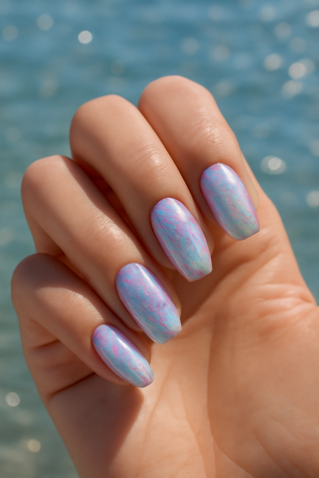 Holographic iridescent nails with a pearlescent color shift like a seashell