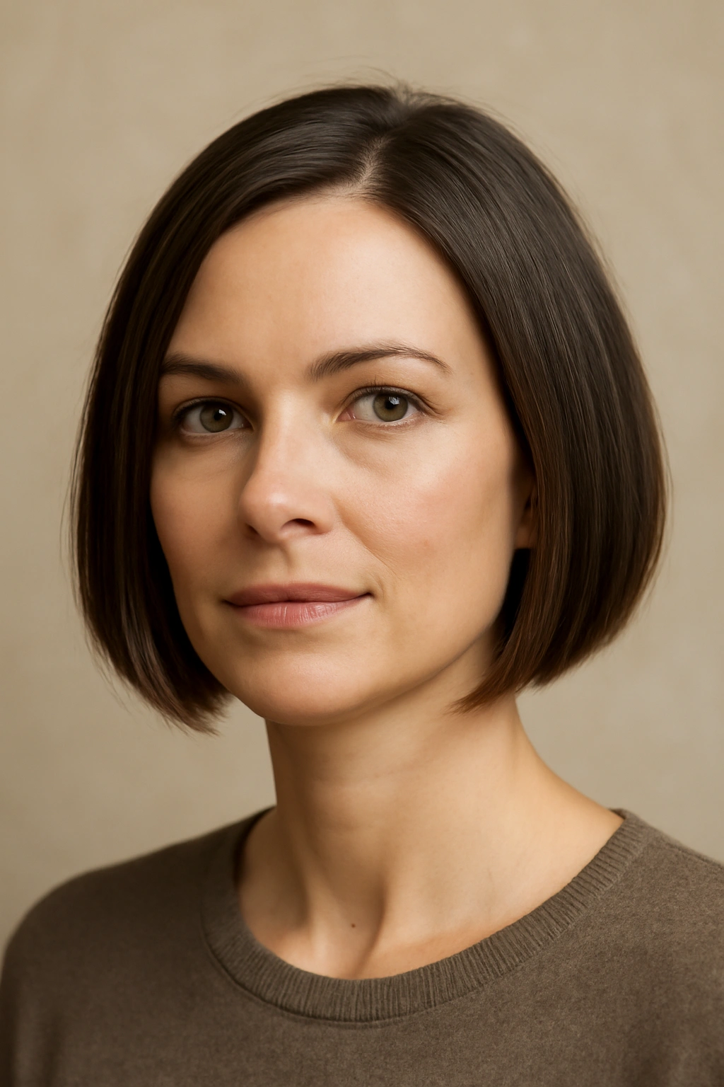 Close-up portrait of a woman with a jaw-length haircut in studio lighting