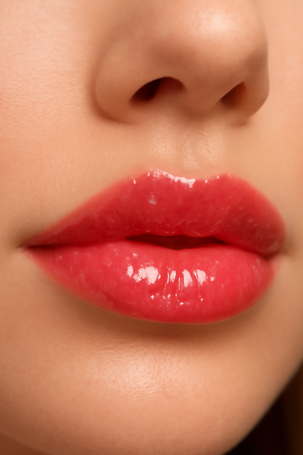 Close-up of lips wearing jelly gloss with translucent, wet-look shine