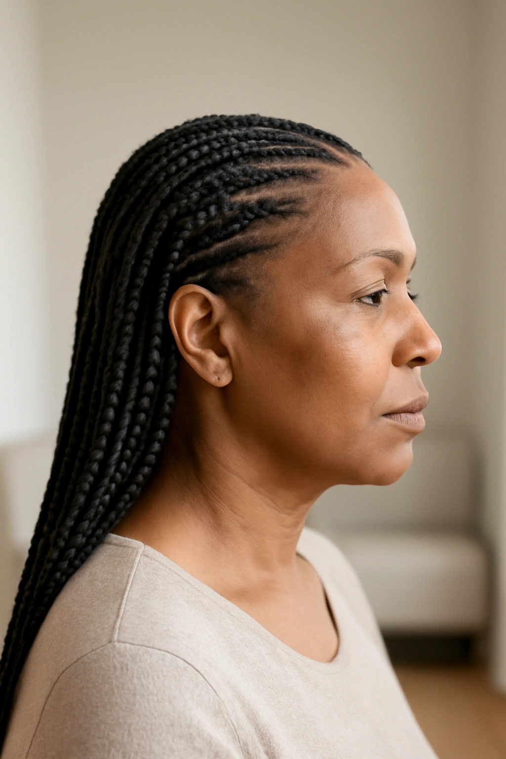 Seamless knotless braids on a black woman over 50 showing the natural root transition