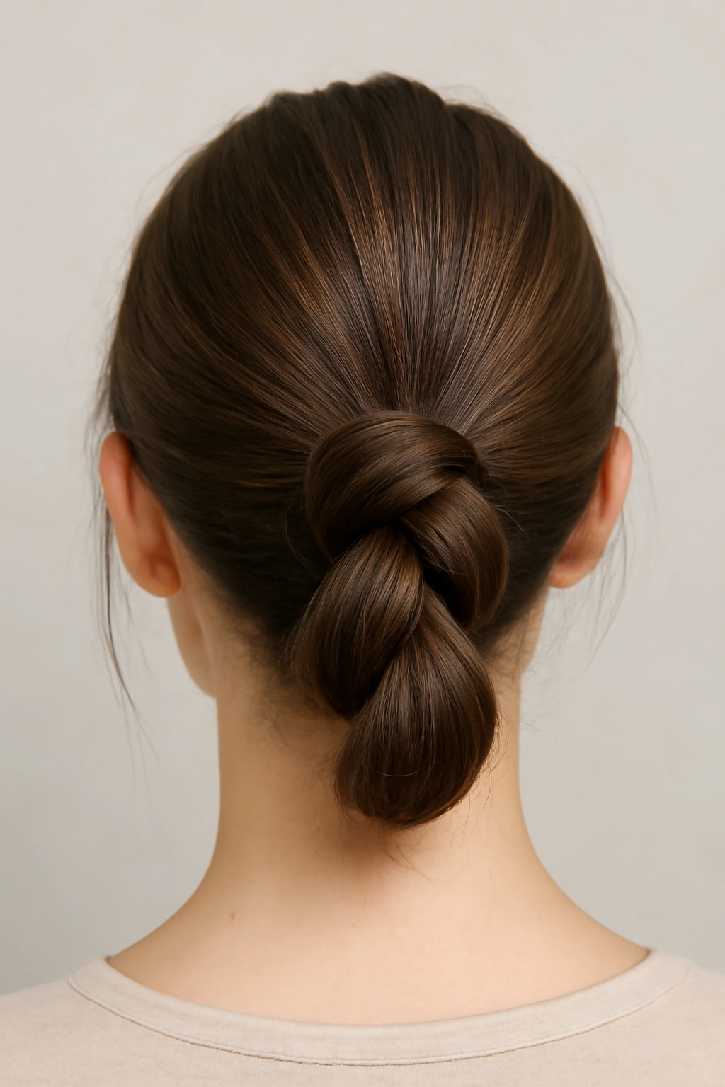 Close-up of a knotted bun hairstyle with textured brown hair in a minimalist setting.