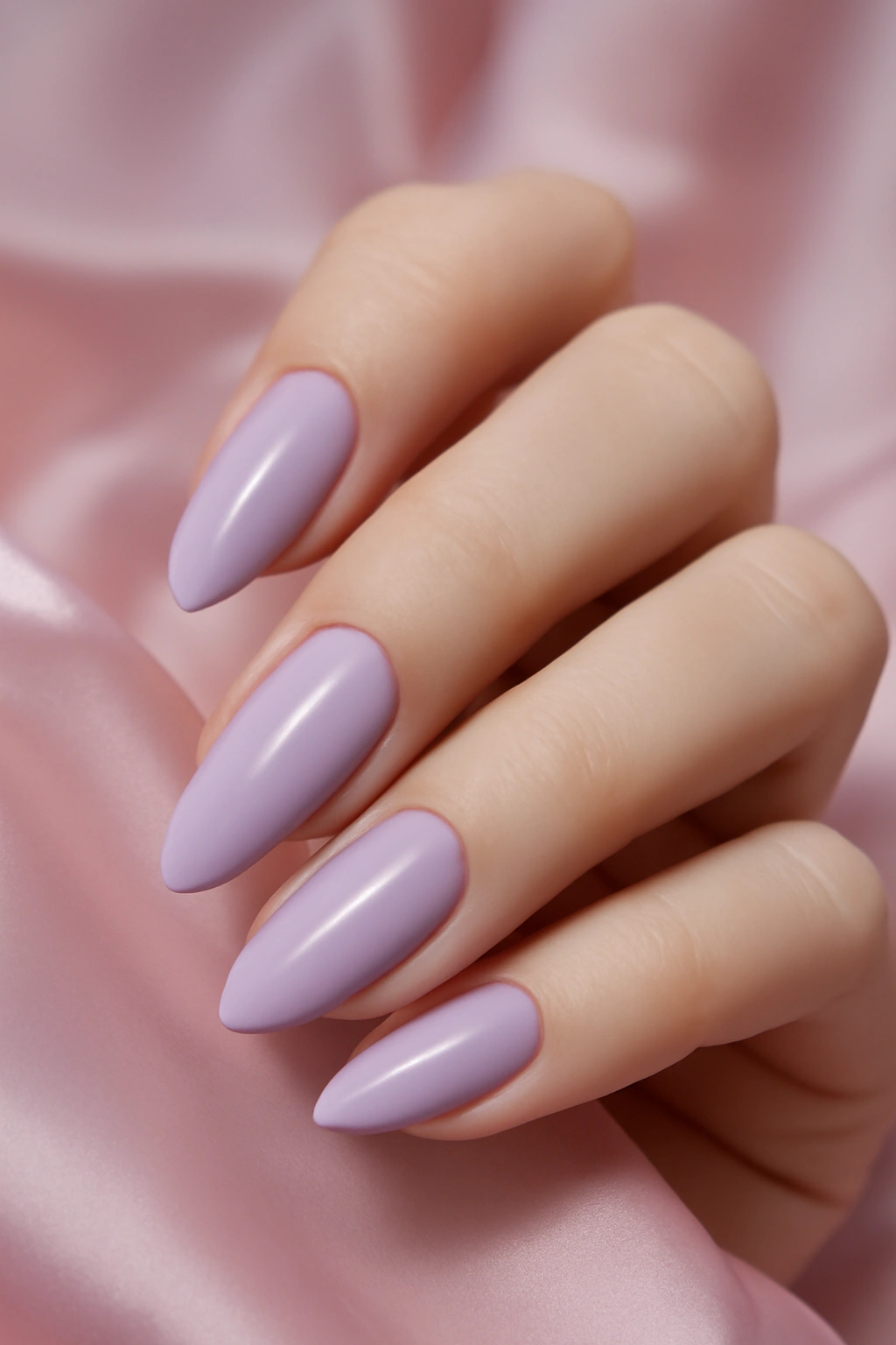 Close up of pale lavender manicure on almond shaped nails for fair skin tones