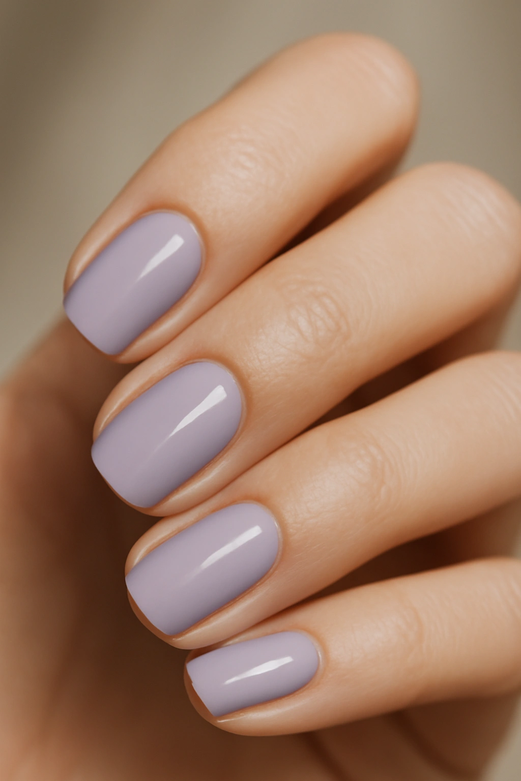 Close-up of a hand with muted lavender nails.