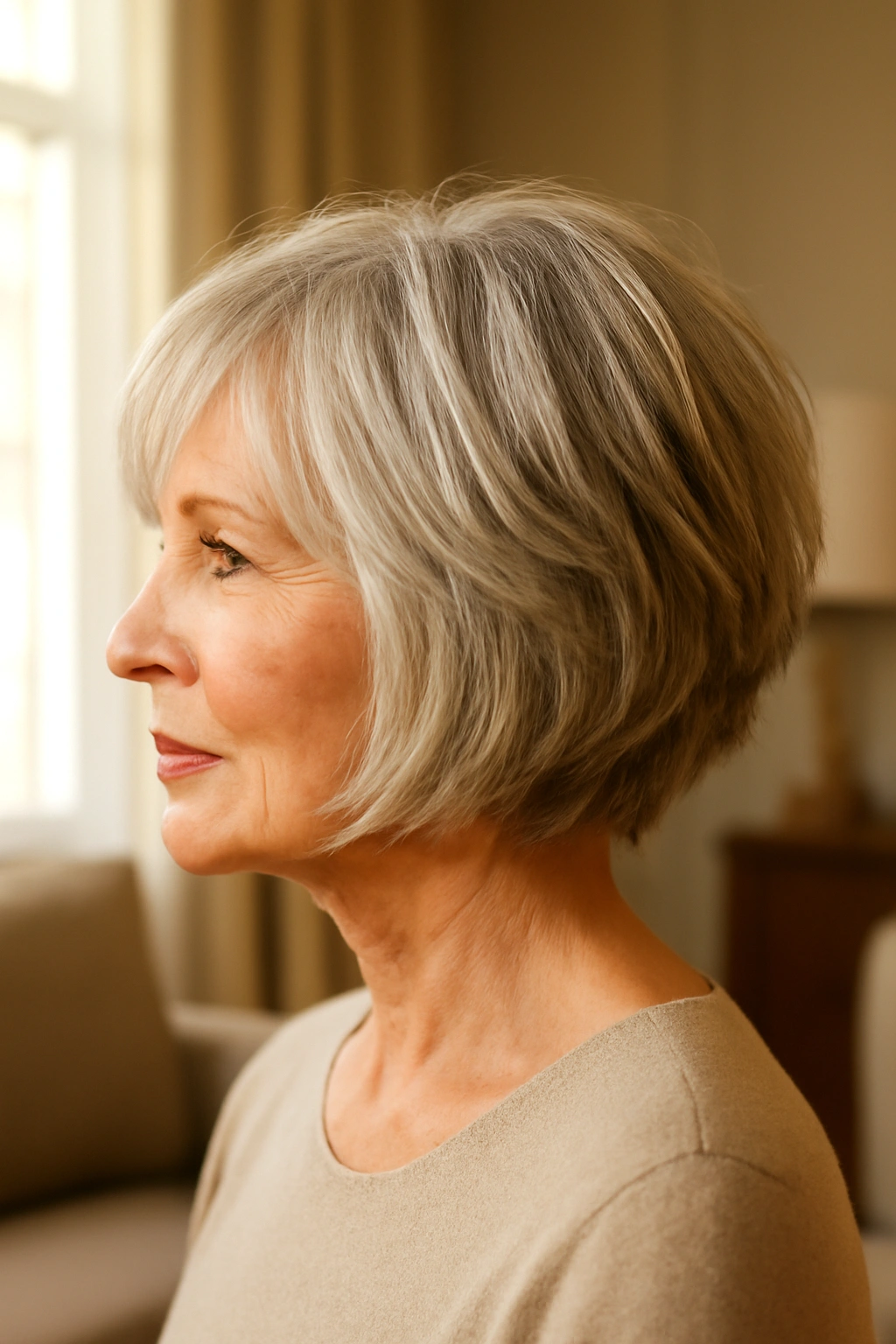 Short layered bob with choppy finish on elegant woman over 70